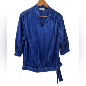 Vintage Amy Of California Silky /Satin Royal Blue Blouse Size Medium
